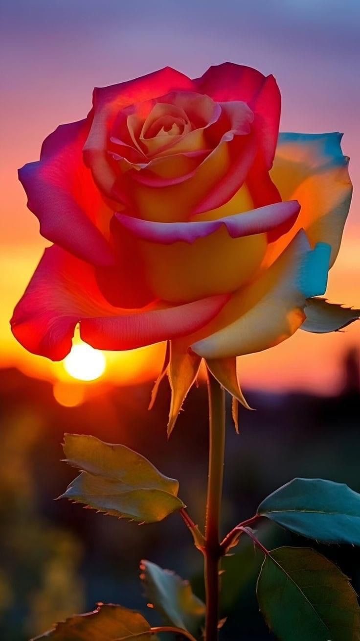 a red rose with the sun setting in the background