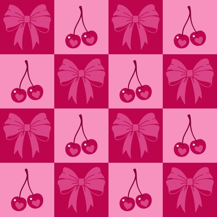 cherries with bows and hearts on a pink background