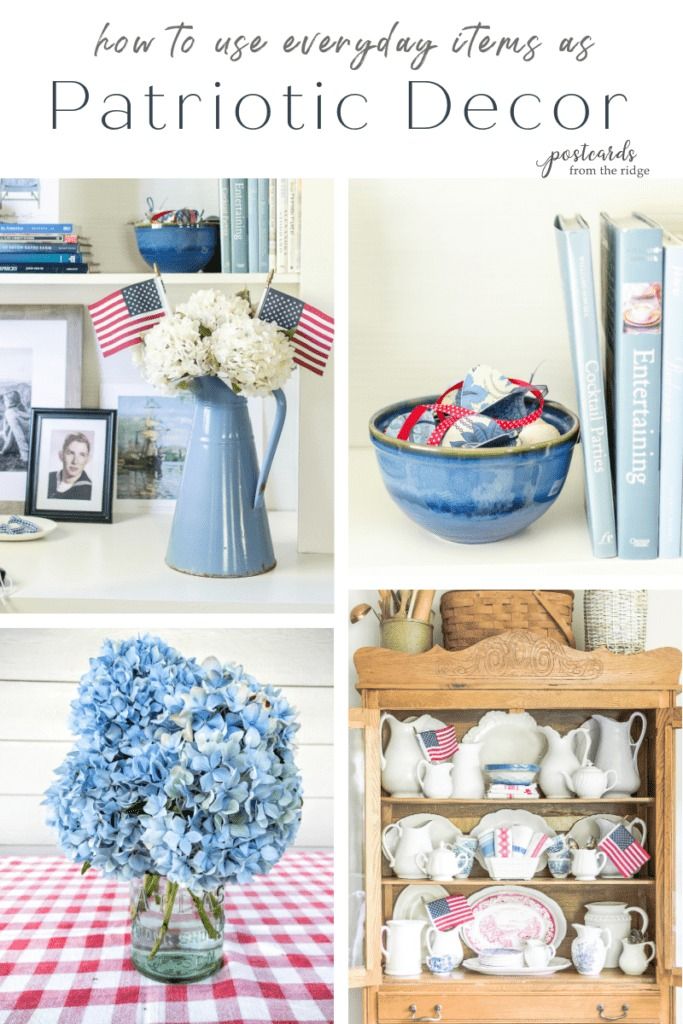 blue and white decor with the words how to use everyday items as patriotic decor