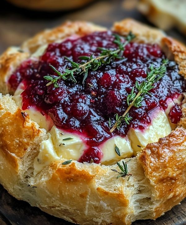 bread with cranberry sauce and herbs on top