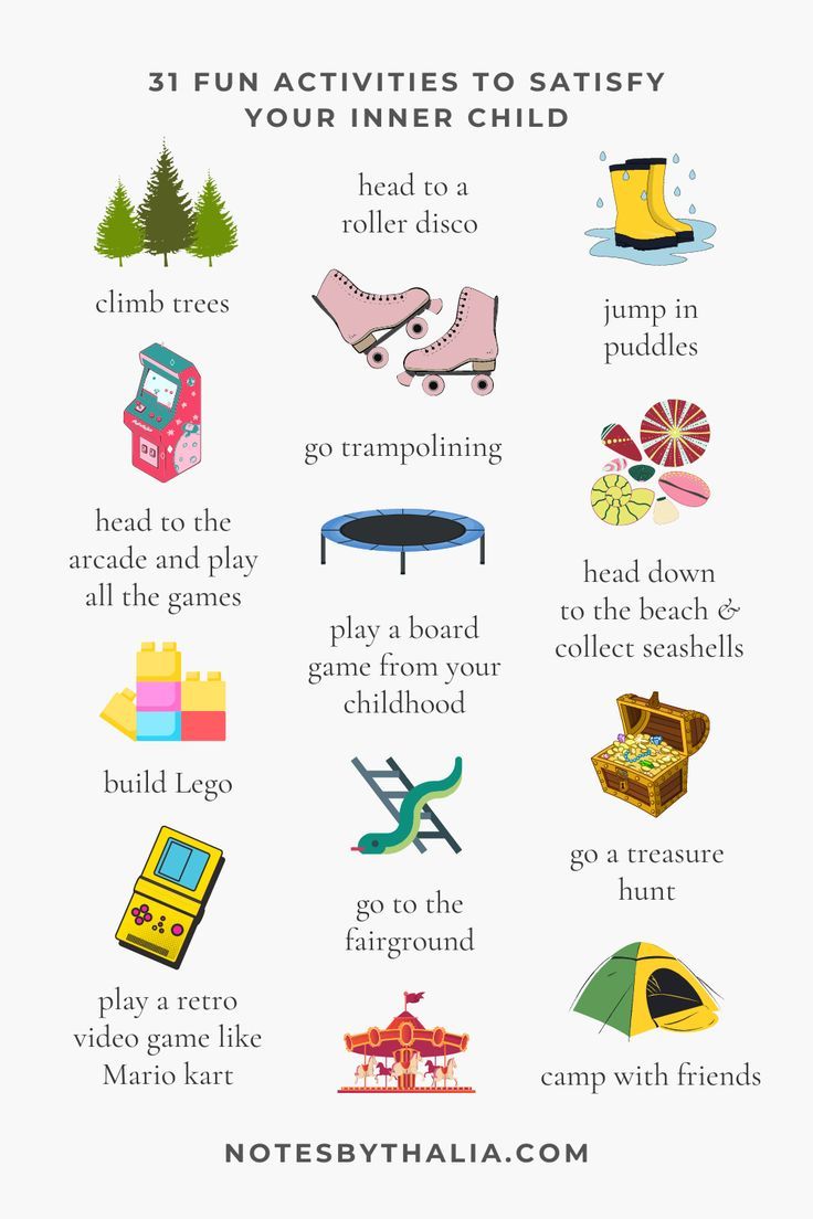 An infographic with 12 fun activities to satisfy your inner child. Black text with colourful icons, include head to a roller disco, climb trees, jump in puddles, head to the arcade and play all the games, play a board game from your childhood, head down to the beach & collect seashell, build Lego, go to the fairground, go a treasure hunt, camp with friends, play a retro video game like Mario kart Make Your Happiness A Priority, Healthy Activities For Adults, Types Of Self Care Activities, Well Being Activities For Adults, Fun Self Care Activities, Positive Activities For Adults, List Of Self Care Activities, Fun Self Care Ideas, Inner Child Activities For Adults