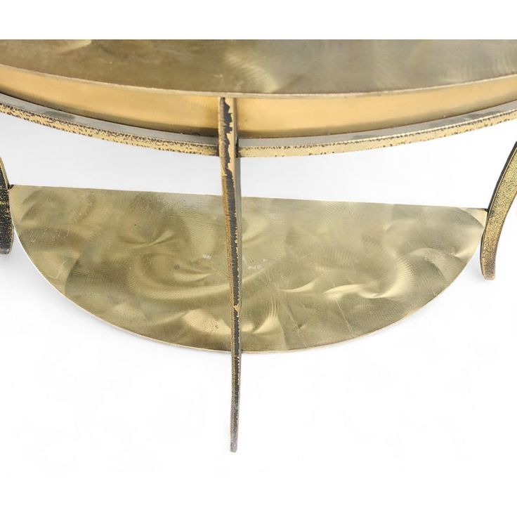 This is a great vintage contemporary swirled acid etched steel with brass powder coated finish demilune console hallway console table. Attributed to Bernhard Rohne for Mastercraft furniture 1980s.  Very heavy as made from solid steel with acid etched and sanded in swirl marks and then coated with a brass finish. In very good condition. Top does have some wear in center with slight "rusting" patina. Unsigned. Measures 48 wide X 21.5 deep X 30 inches high.  ​      Items can be picked up in New Rochelle, NY 10801 or at my space in Mongers Market in Bridgeport, CT 06605 on Sundays between 10am-4pm.  ** I am able to offer curbside only delivery to Westchester County, NYC, parts of Long Island and in the State Of  CT from Greenwich to New Haven between the Merritt Parkway and i95 for $125. *** Console Hallway, Hallway Console Table, Hallway Console, Console Table Hallway, New Rochelle, Westchester County, Long Island, Brass Finish, Console Table