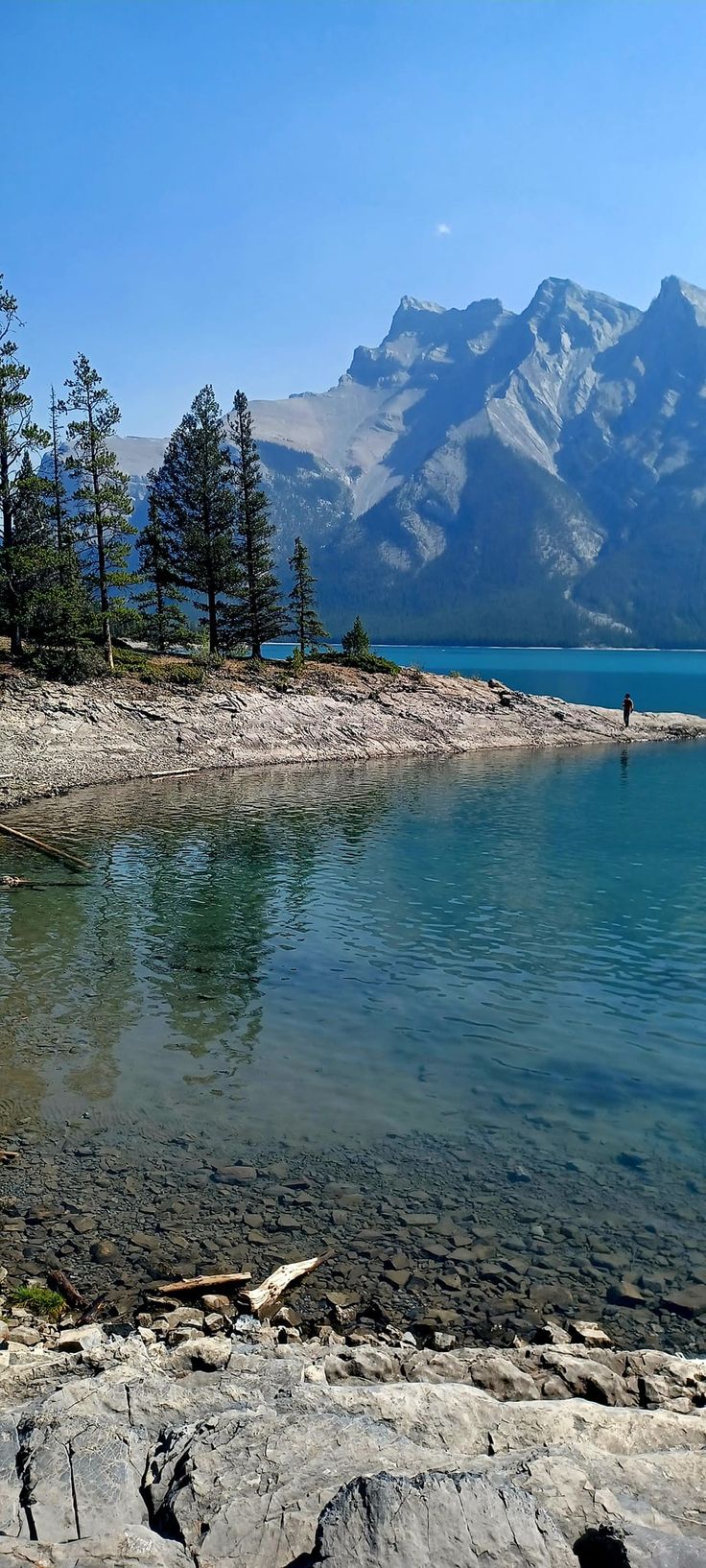 a person standing on the shore of a lake with mountains in the background