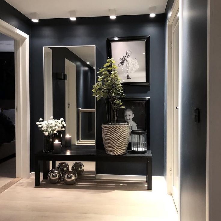 a black and white entryway with a plant on a table, mirror and vase