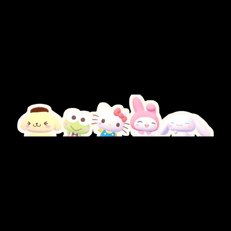 several small toy animals are lined up in a row on a white background with the words hello kitty written below them