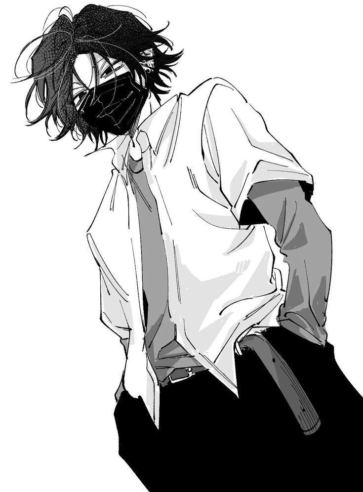 an anime character with black hair wearing a white shirt and tie, standing in the shadows