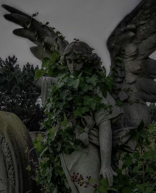 an angel statue covered in ivy next to a grave