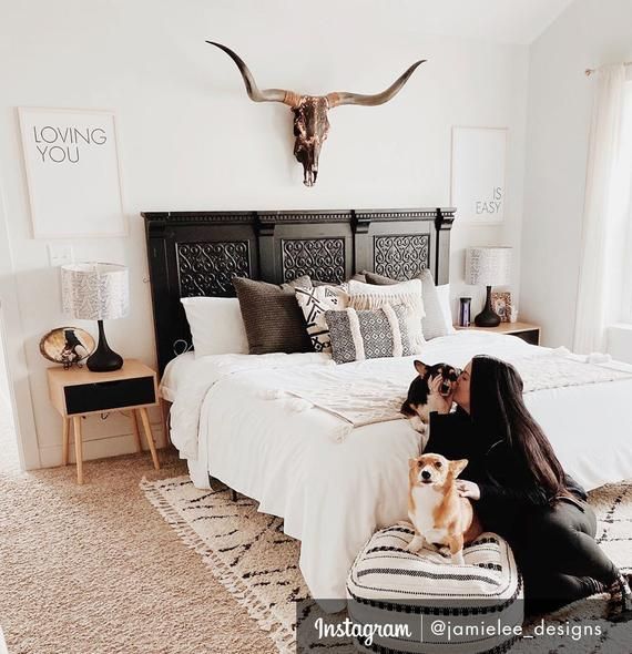 a woman sitting on a bed with two dogs in front of her and an animal head above the bed