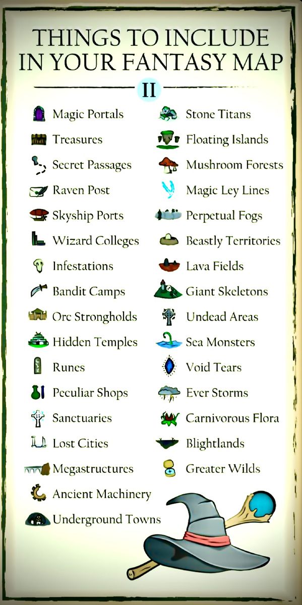 a wizard's hat with the words things to include in your fantasy map