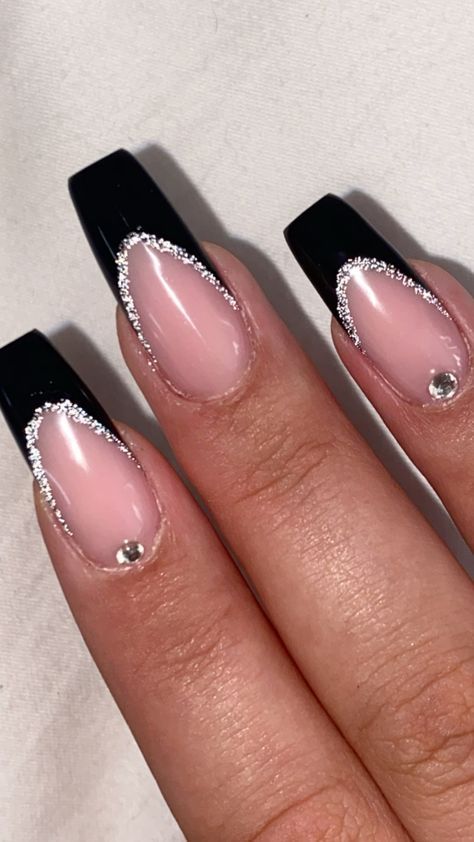 Glitter Nails With Black Tips, Black French Tips With Diamonds, Nail Art For Black Dress, Black Tip Nails With Heart, Black And Gem Nails, Cute Black Birthday Nails, Nails For A Black Prom Dress, Nails For A Ball, Engagement Nails Black