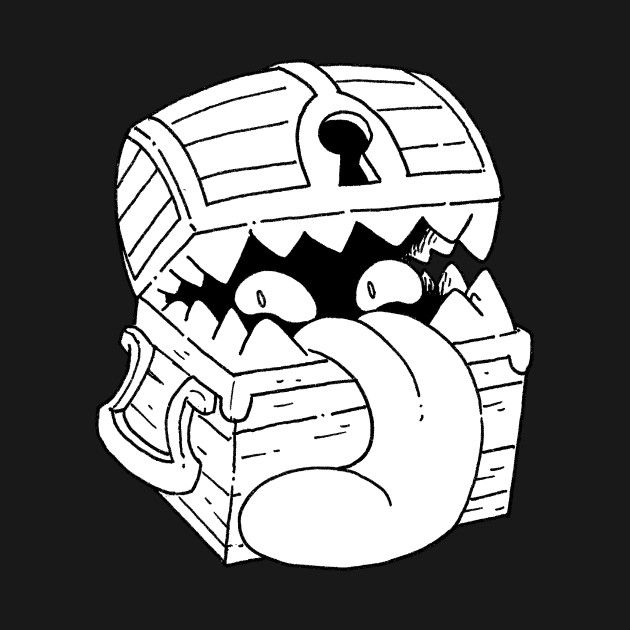 an image of a cartoon pirate chest with teeth and eyeballs in black and white