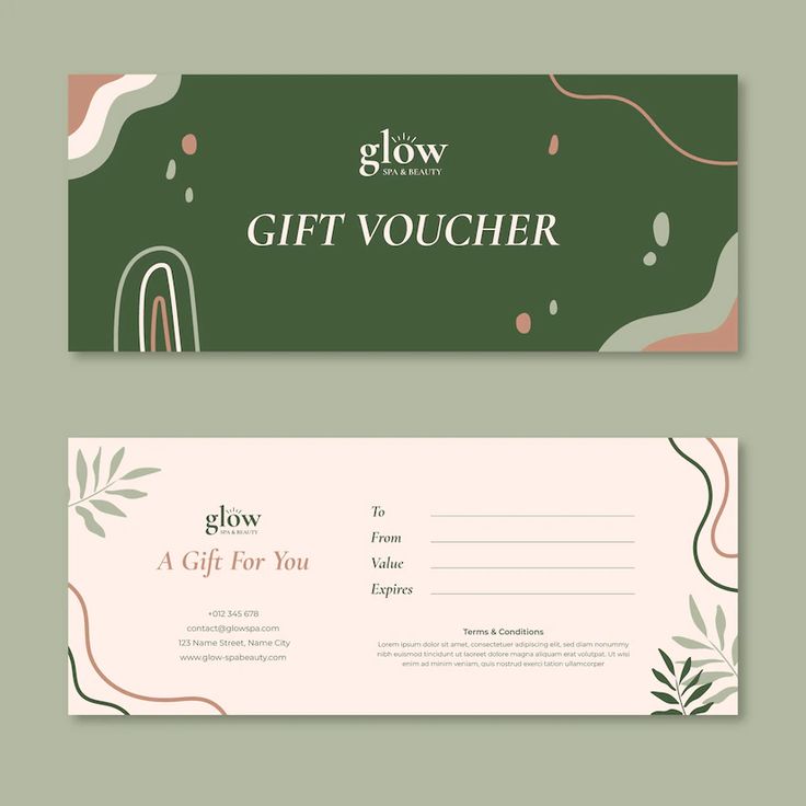 two gift vouchers with green and pink designs on the front, one is for glow