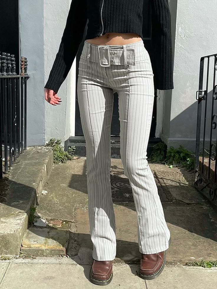 Grunge Pants, Pants With Belt, Kitty Clothes, Vintage Trousers, 90s Streetwear, Flare Leg Pants, Pant Length, Straight Trousers, Casual Stripes