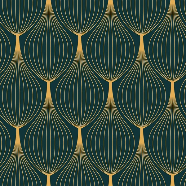 an art deco style wallpaper with gold lines and curves on dark green background stock photo