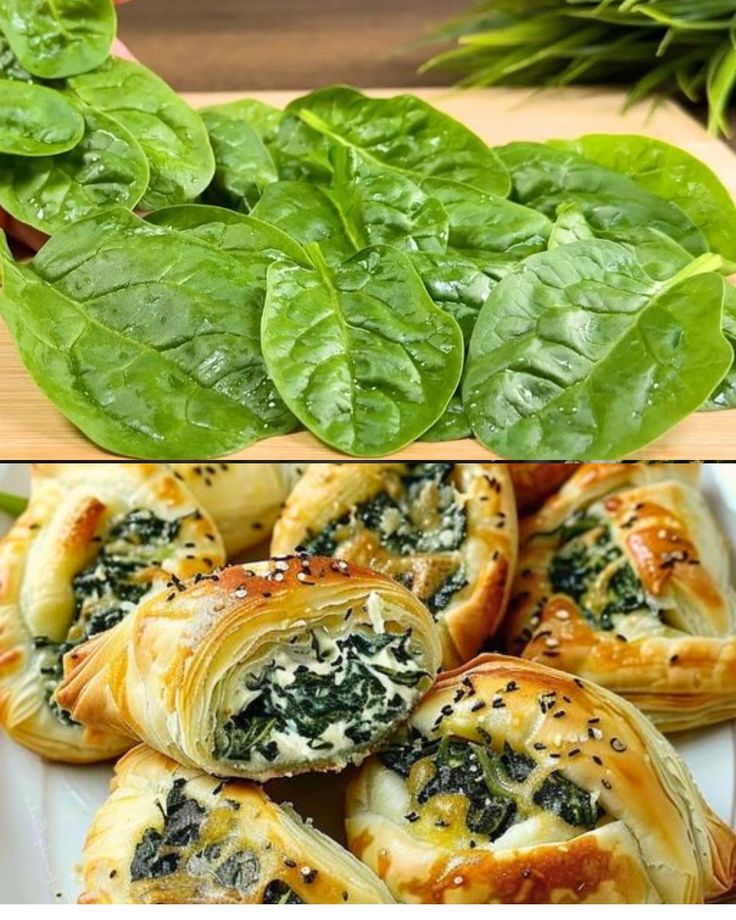 spinach and cheese pastries with spinach leaves on the top, and spinach greens on the bottom