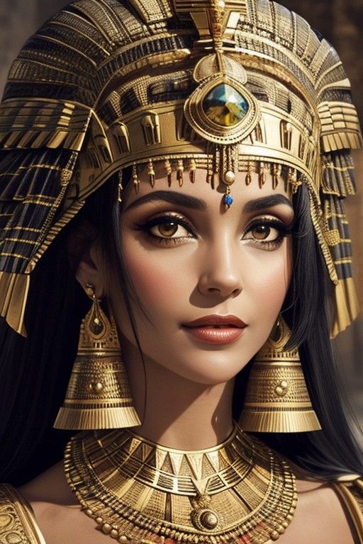 an egyptian woman wearing gold jewelry and headdress with large earrings on her face