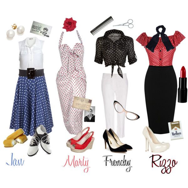 "The Pink Ladies, "Grease"" by tiresomelybohemian on Polyvore Grease Pink Ladies Outfits, Halloween Vintage Costume, Grease Fashion 50s, Grease Party Theme Outfit, Grease Dresses, Frenchy Grease Outfits, 50s Rock And Roll Outfits, Rizzo Grease Outfit, Grease Lightning Costume