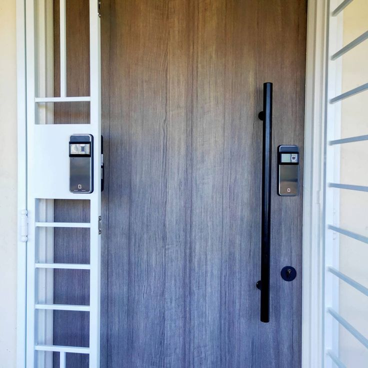 an open door with a metal handle on the front and side doors to both sides