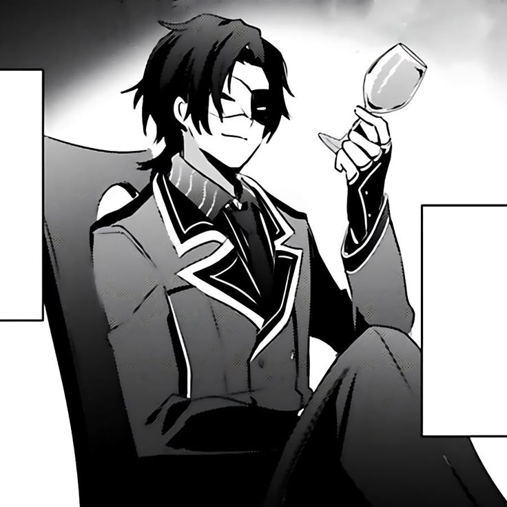 an anime character sitting in a chair holding a wine glass and looking at the camera