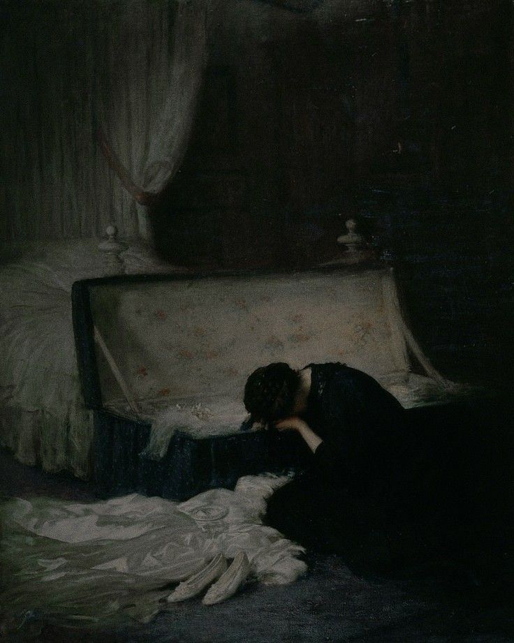 a painting of a woman laying on the floor in front of a bed with white sheets