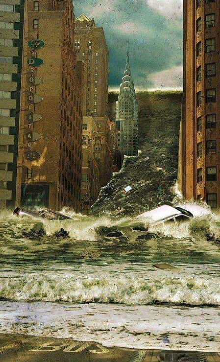 an image of a city that has been hit by the waves and it is raining