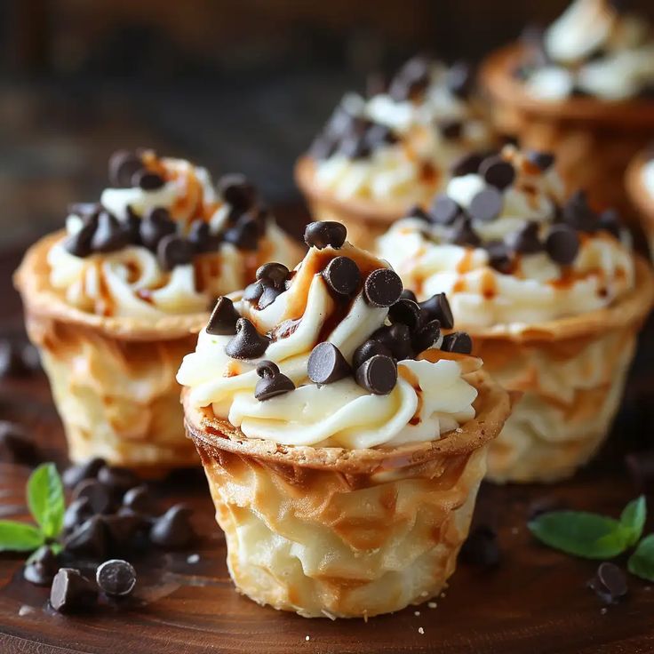 some cupcakes with chocolate chips and whipped cream