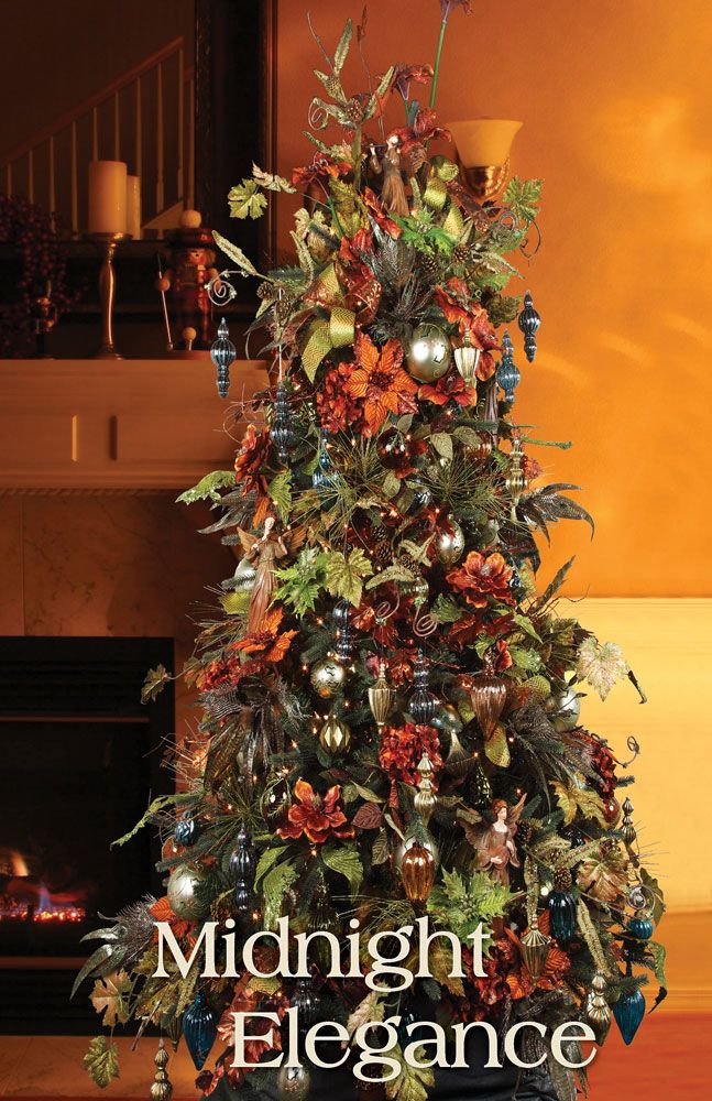 a christmas tree decorated with ornaments and greenery is featured in the cover of midnight elegance