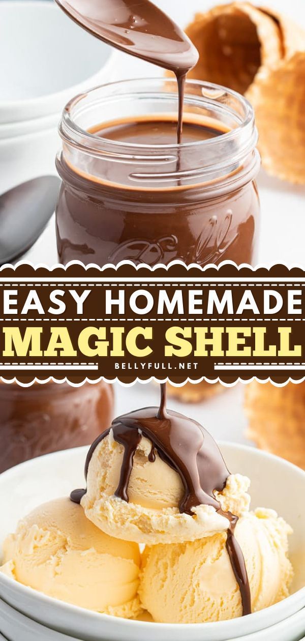 homemade magic shell ice cream in a bowl with chocolate drizzled on top