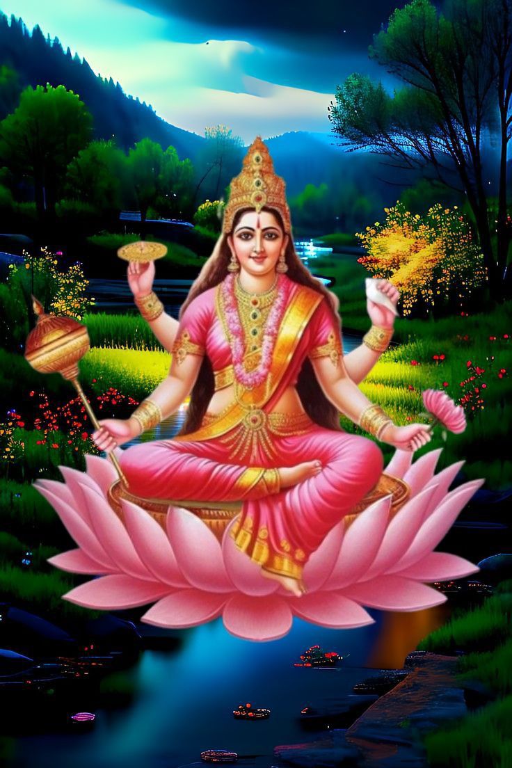 the hindu god sitting on top of a pink flower in front of a pond with water lilies