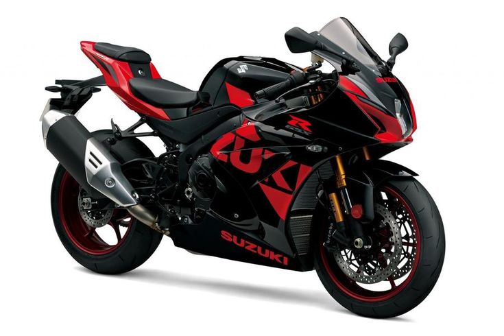 a red and black motorcycle is shown on a white background