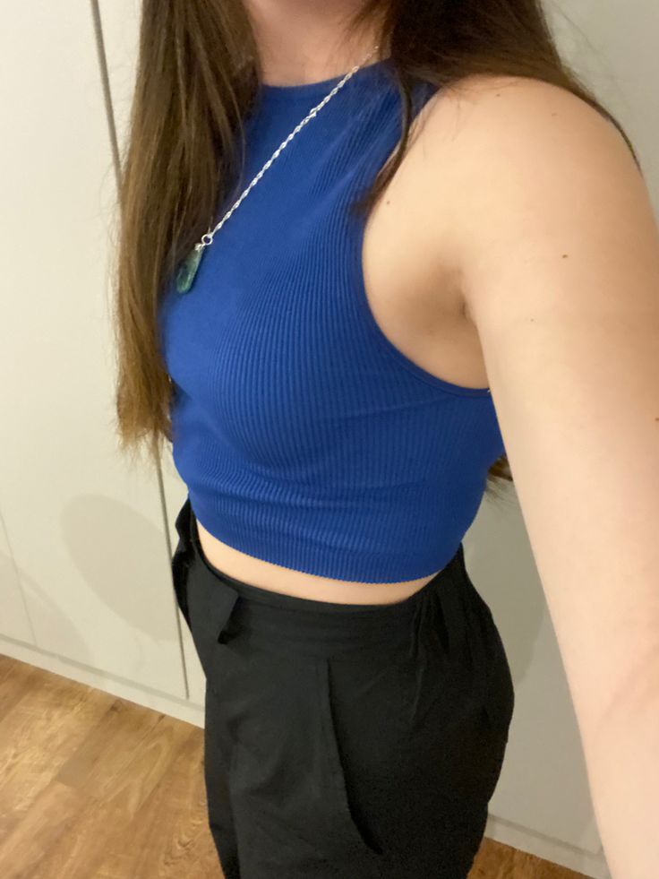 Outfits With Blue Tank Top, Blue Tank Top Outfit Aesthetic, Royal Blue Tank Top Outfit, Crystal Necklace Outfit, Royal Blue Top Outfit, Blue Tank Top Outfit, Blue Top Outfit, Royal Blue Tank Top, Cargo Pants Green