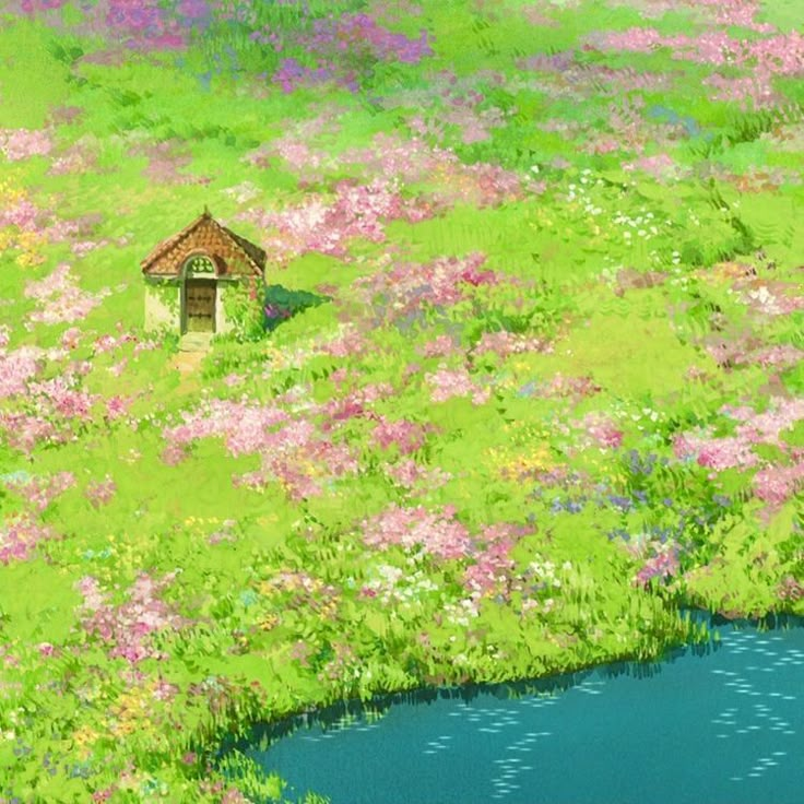 a painting of a small house in the middle of a field with flowers on it