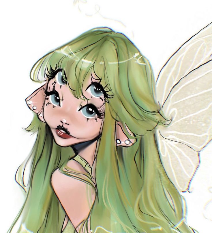 a drawing of a girl with green hair