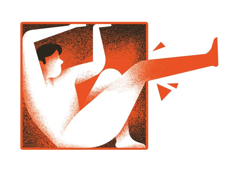 an orange and white poster with a woman in the middle of her body, stretching