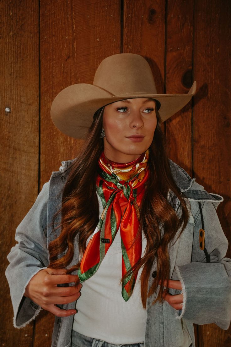 Orange wild rag, approx. 36" x 36." 100% Polyester. Wild Rag Fashion, Silk Scarf Western Outfit, Summer Wild Rag Outfits, Outfit With Wild Rag, 90s Cowgirl Outfits, Wild Rags Outfits Summer, Western Style Fashion, Western Wild Rag Outfit, Wild Rags Outfits Winter