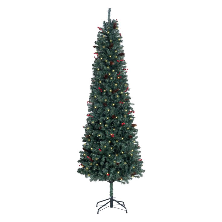 a tall christmas tree with lights on it's base and a black metal stand