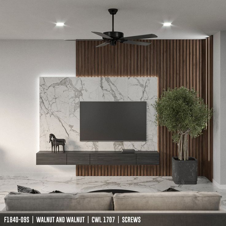 a modern living room with marble and wood accenting the walls, tv on an entertainment center