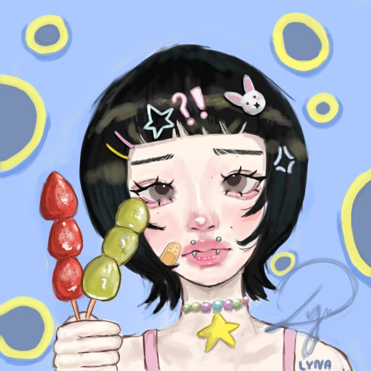 a drawing of a woman holding candy lollipops in front of her face