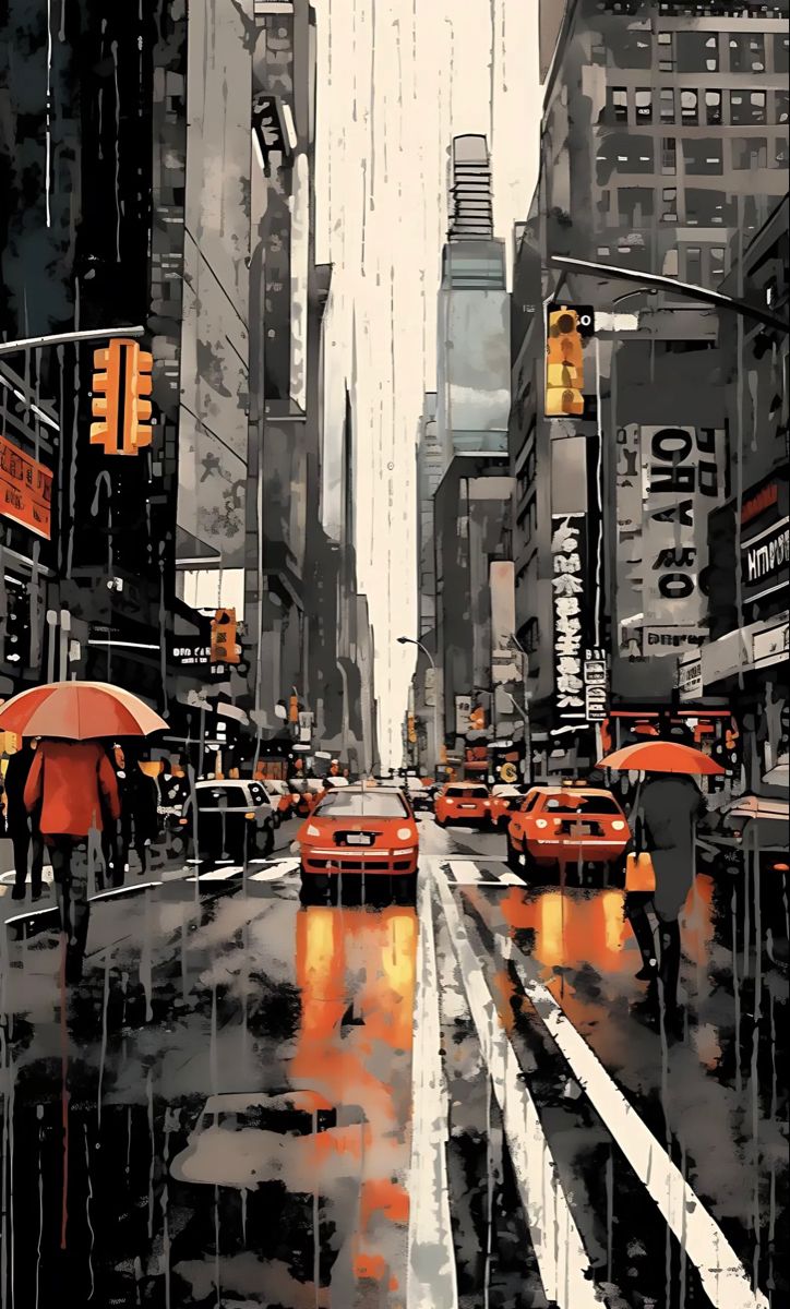 people walking in the rain with umbrellas on a city street near tall buildings and skyscrapers