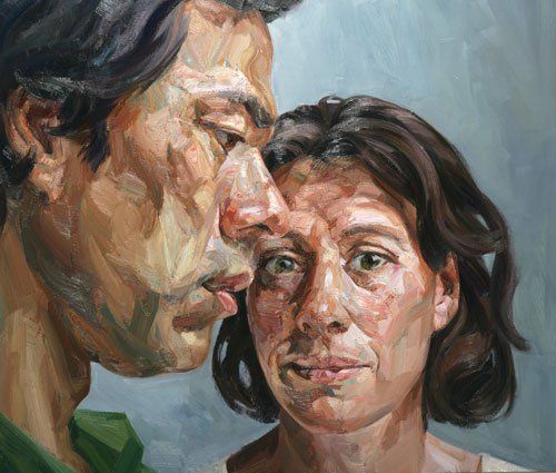 an oil painting of two people looking at each other's eyes, with one man holding the woman's head