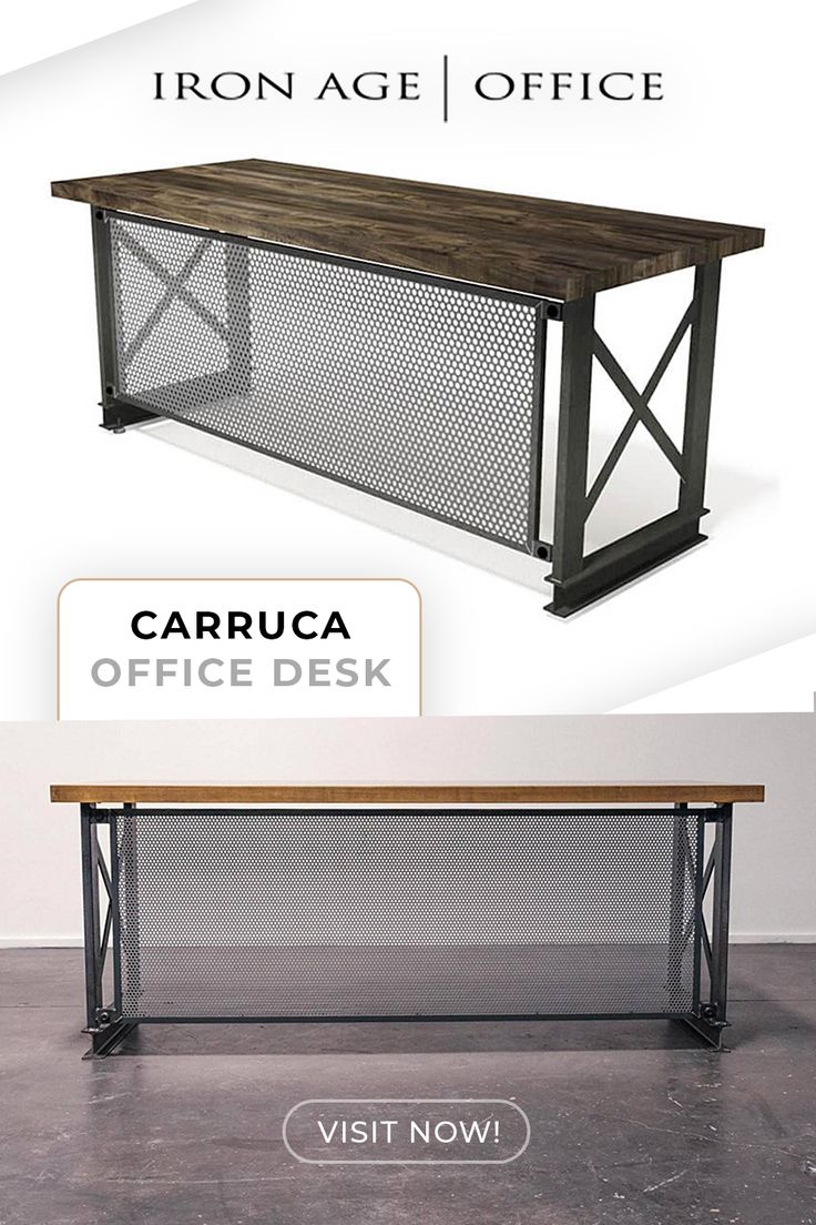 an iron and wood desk is shown with the caption's description below it