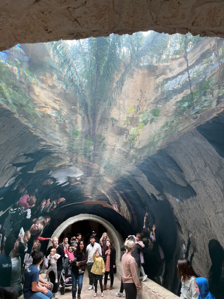 a group of people standing inside of a tunnel