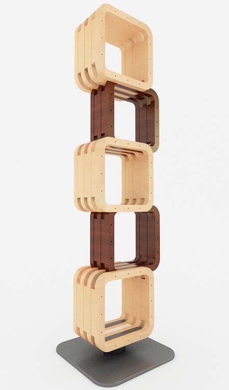 three wooden shelves stacked on top of each other in the shape of four different sections