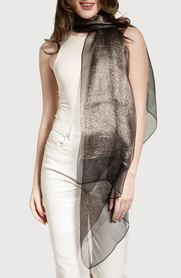 Shimmering metallic silk threads add gorgeous luster to an event-ready wrap. 70" x 28" 100% silk Dry clean Imported Long Silk Scarf, Bolero Wedding, Silk Thread, Silk Scarf, Extra Long, Nordstrom Rack, Scarf Accessory, Dry Clean, Nordstrom