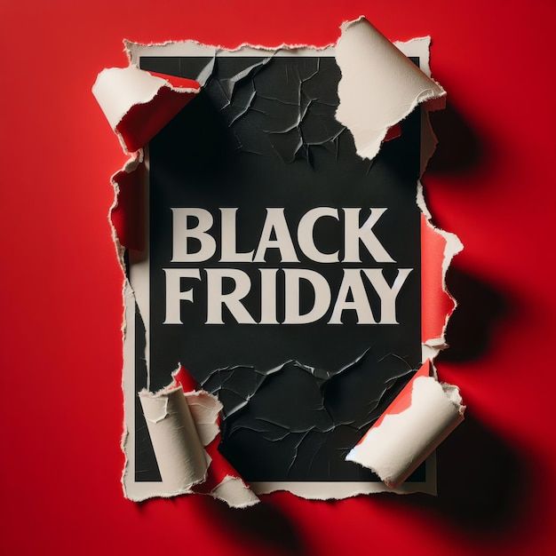 a torn black friday sign on a red background with the words black friday appearing through it