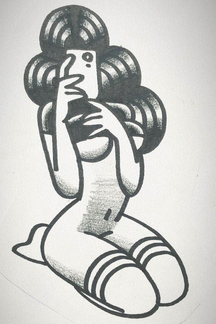 a black and white drawing of a woman with her hair blowing in the wind while sitting down