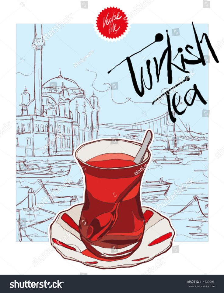 turkish tea in a glass cup with saucer and spoon, hand drawn sketch on white background