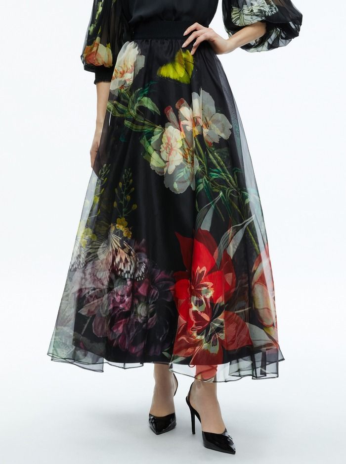 Nilda Voluminous Maxi Skirt In Essential Floral | Alice And Olivia Spring A-line Voluminous Maxi Skirt, Spring Silk A-line Maxi Skirt, Spring Silk A-line Skirt, Silk A-line Flowy Skirt, Spring Evening Silk Maxi Skirt, Evening Long Tulle Skirt Bottoms, Voluminous Tiered Silk Maxi Skirt, Flowy Tiered Skirt For Evening, Voluminous Flared Dress With Lined Skirt