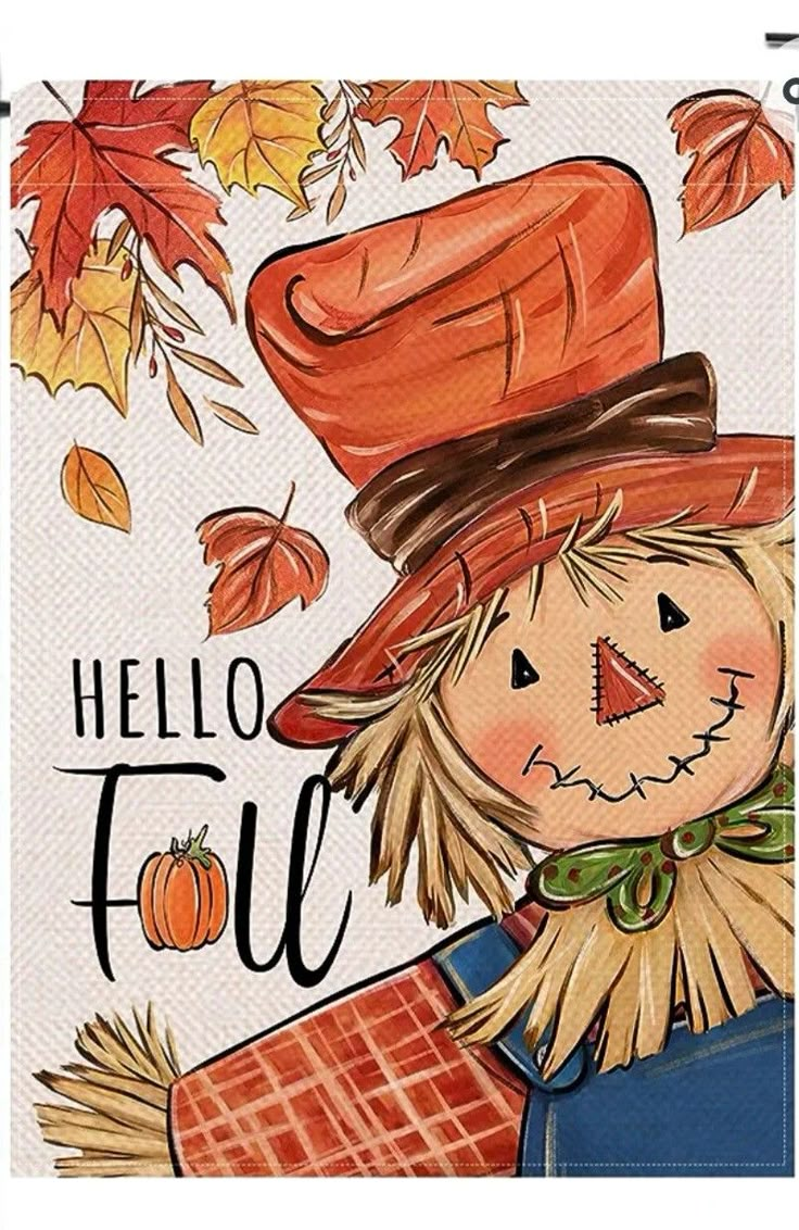 a watercolor painting of a scarecrow wearing a hat and holding an orange pumpkin