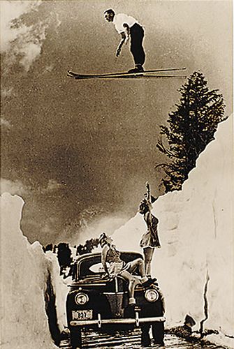 an old black and white photo of a man on skis jumping over a car